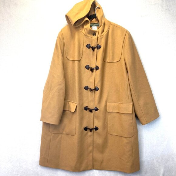 Vintage Harve Benard Wool Toggle Jacket Womens 26W Mid Length Tan Hood Pea Coat - Picture 1 of 16